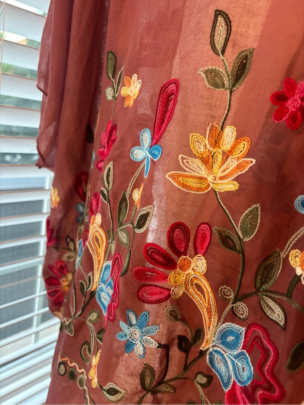 Embroidered Rust Sheer Floral Kimono Robe - Picture 4 of 6